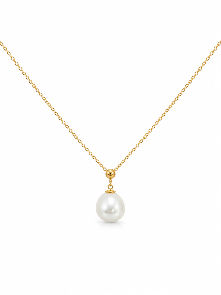 Gold necklace with a white pearl pendant on a white background