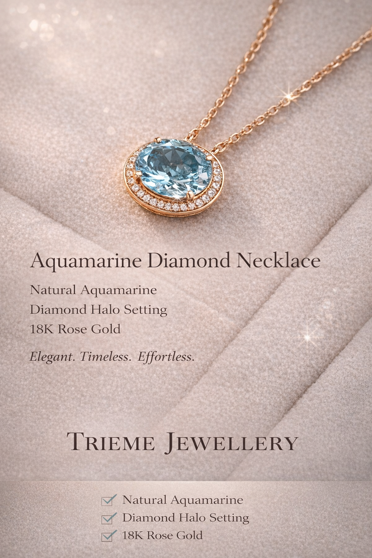 18K Rose Gold Aquamarine Diamond Halo Necklace
