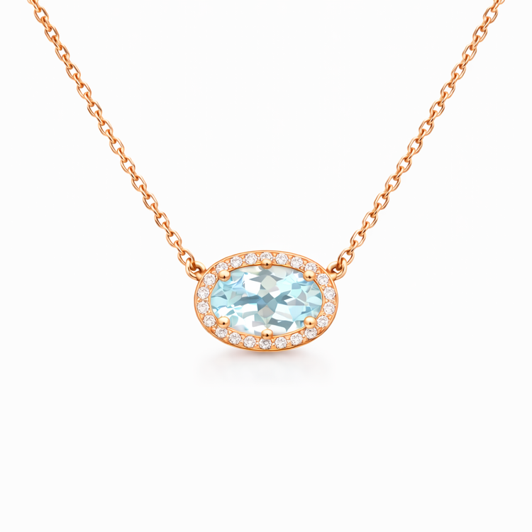 18K Rose Gold Aquamarine Diamond Halo Necklace