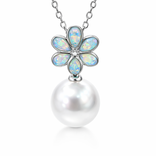 14K Gold Opal Flower Australian White Pearl Pendant