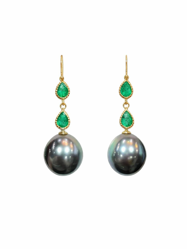 8mm Tahitian Pearl & Emerald Drop Earrings | T18KPRL26030233
