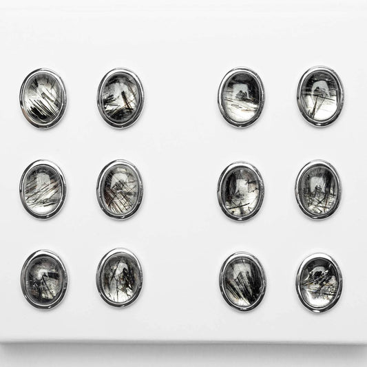 Black Rutilated Quartz Oval Cab-Stud Earrings 6x8mm