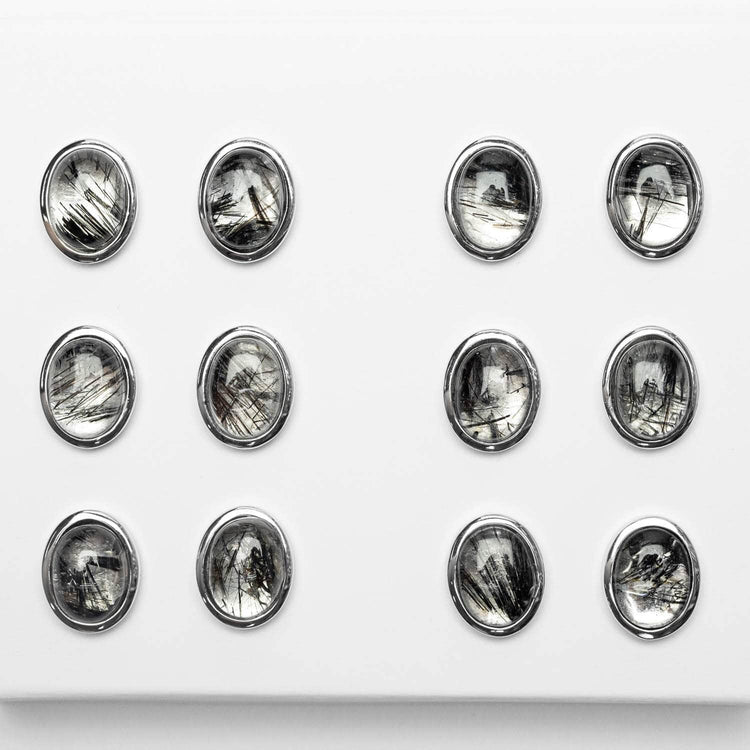 Black Rutilated Quartz Oval Cab-Stud Earrings 6x8mm