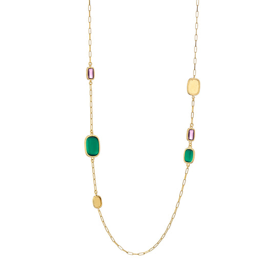 Multi-Gemstone Long Gold Necklace