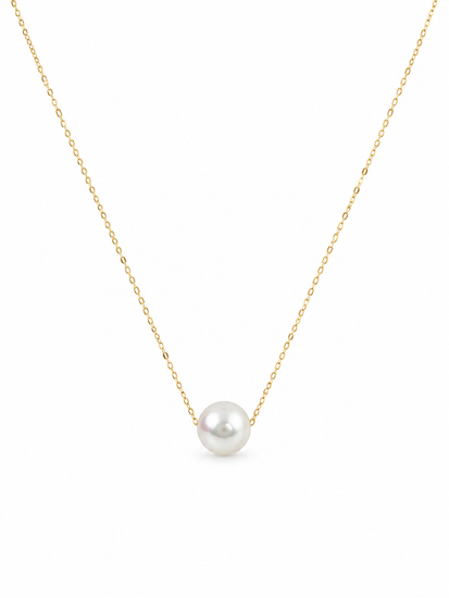 Pearl necklace on a gold chain against a white background