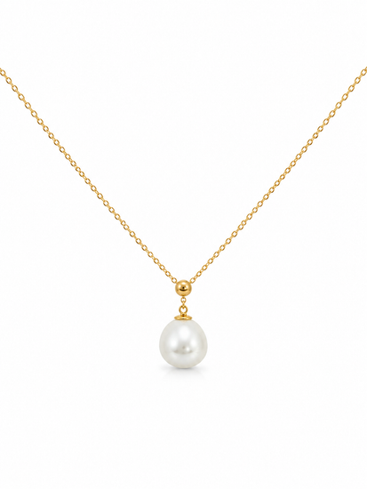 Gold necklace with a white pearl pendant on a white background