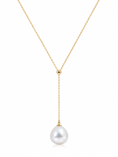 Gold necklace with a single pearl pendant on a white background