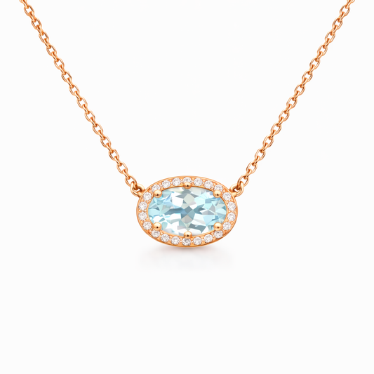 18K Rose Gold Aquamarine Diamond Halo Necklace