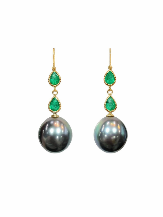 8mm Tahitian Pearl & Emerald Drop Earrings | T18KPRL26030233