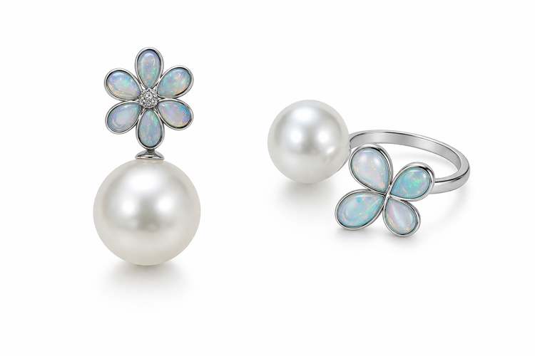 14K Gold Opal Flower Australian White Pearl Pendant