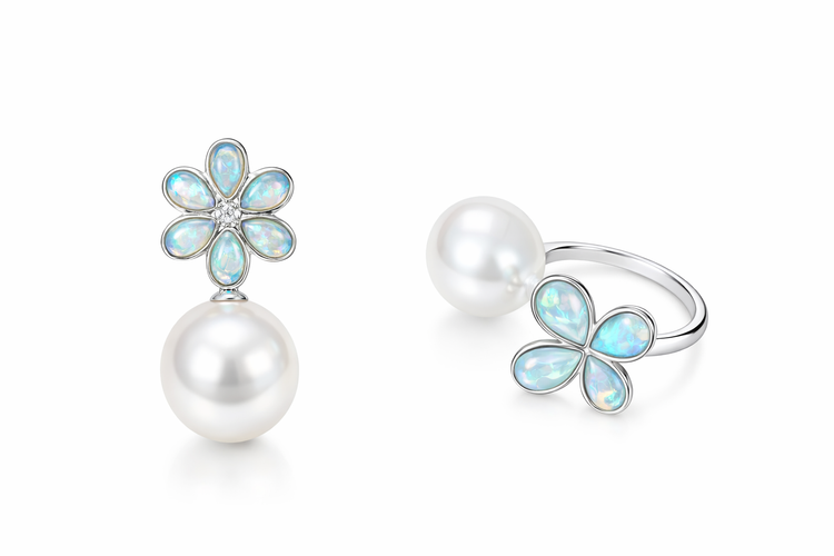 14K Gold Opal Flower Australian White Pearl Pendant