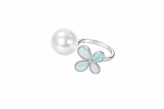 15mm South Sea Pearl Ring with Australian White Opal Butterfly Design - 14K White Gold